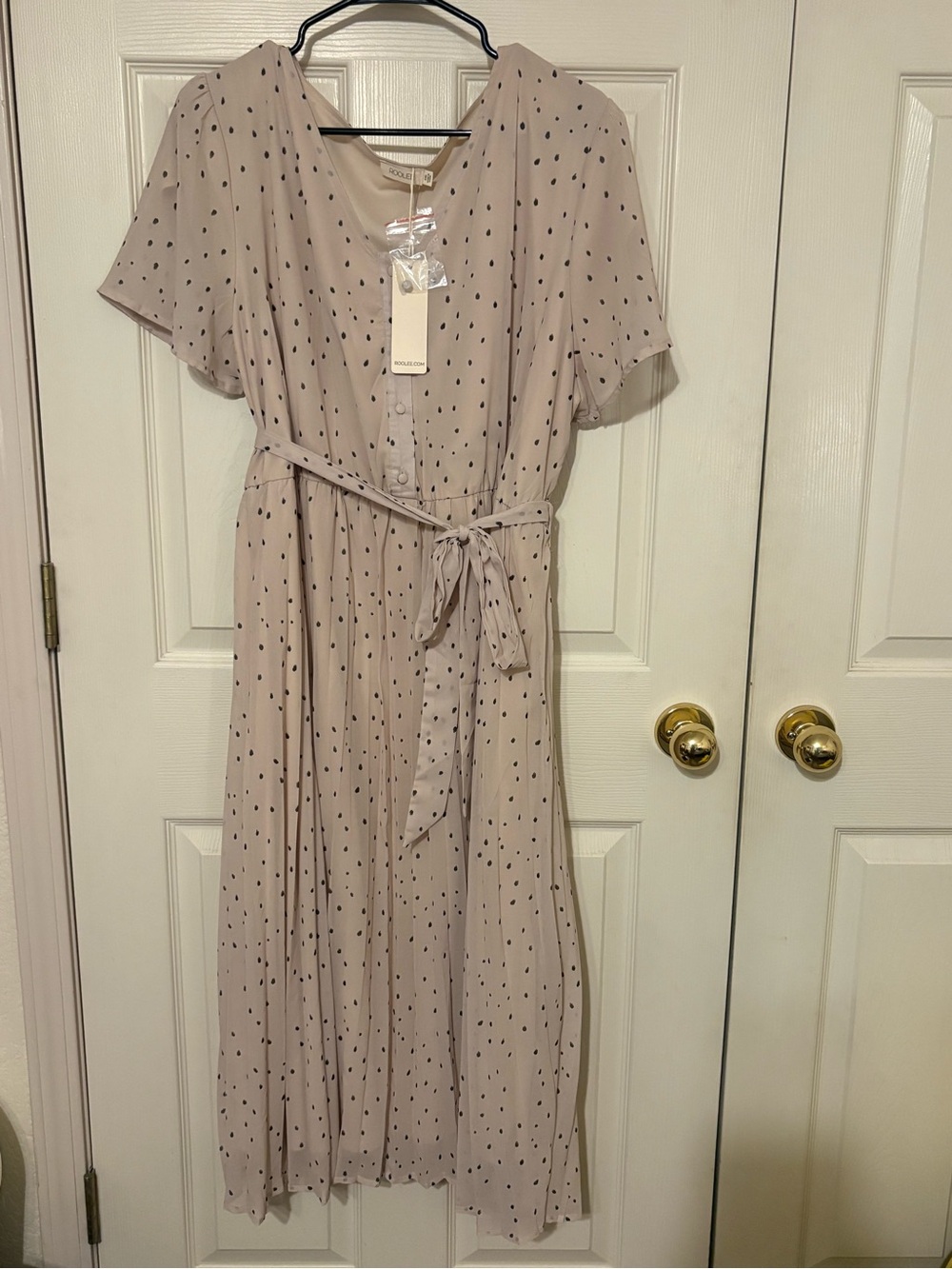 Roolee Beige Polka Dot Button-Front Midi Dress